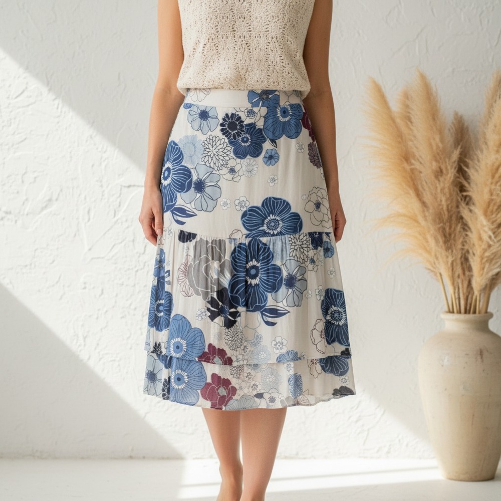 Loft 6 Skirt Gray Blue Floral Tiered Ruffle Swing Boho Coquette Chic Size 6